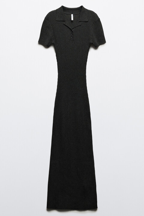 

Платье макси в рубчик с воротником-поло, Серый, Платье макси в рубчик с воротником-поло