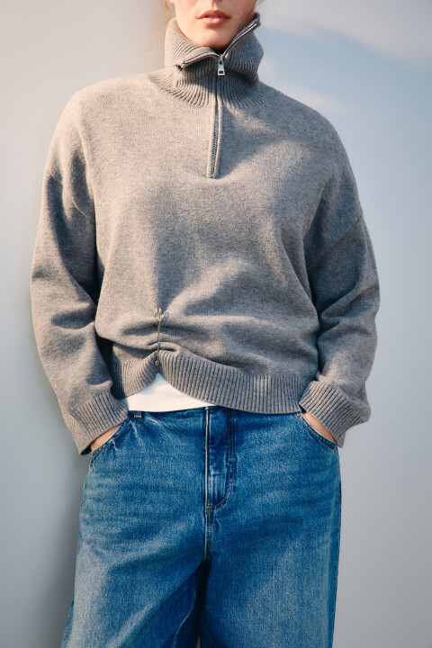 

Свитер с воротником на молнии, Серый, Свитер с воротником на молнии
