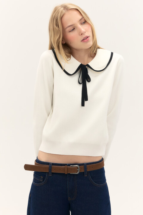 

Джемпер вязаный с воротником, Молочный, Джемпер вязаный с воротником