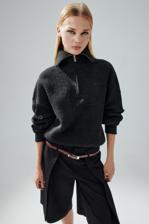 

Джемпер на молнии в рубчик, Серый, Джемпер на молнии в рубчик