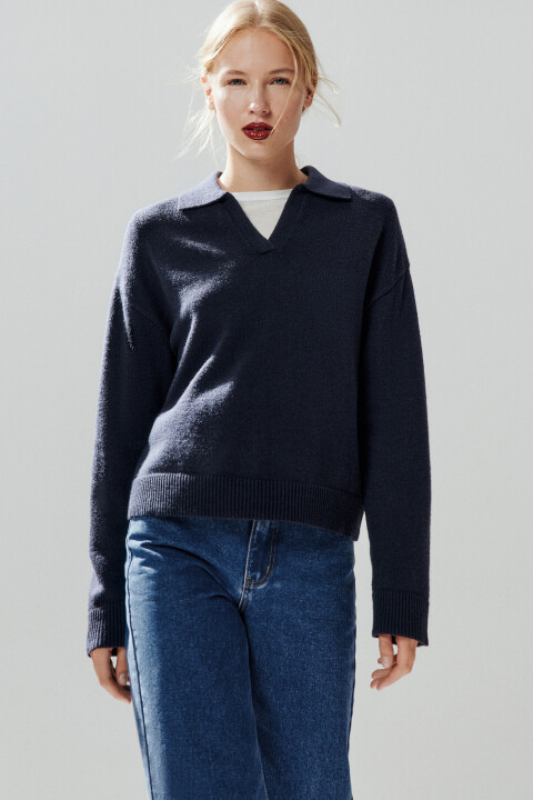 

Джемпер с воротником и V-вырезом, Синий, Джемпер с воротником и V-вырезом