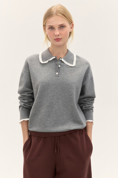 

Джемпер-поло вязаный с кружевом, Серый, Джемпер-поло вязаный с кружевом