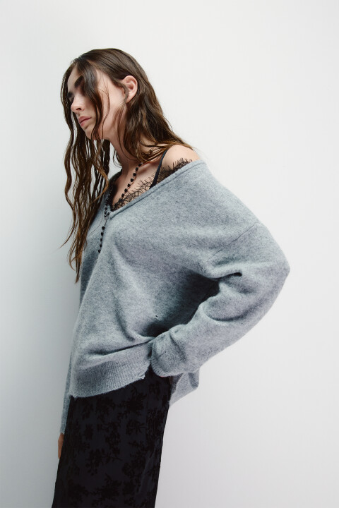 

Джемпер вязаный рваный с кружевом, Серый, Джемпер вязаный рваный с кружевом