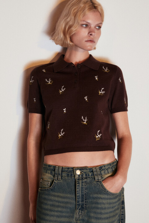 

Джемпер-поло вязаный с вышивкой, Коричневый, Джемпер-поло вязаный с вышивкой