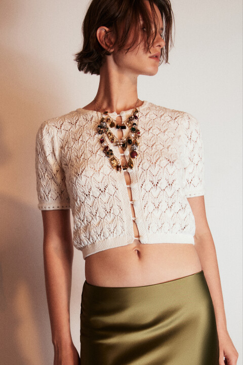 

Кардиган ажурный на пуговицах, Молочный, Кардиган ажурный на пуговицах