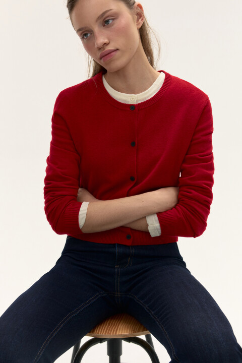 

Кардиган на пуговицах с круглым вырезом, Красный, Кардиган на пуговицах с круглым вырезом