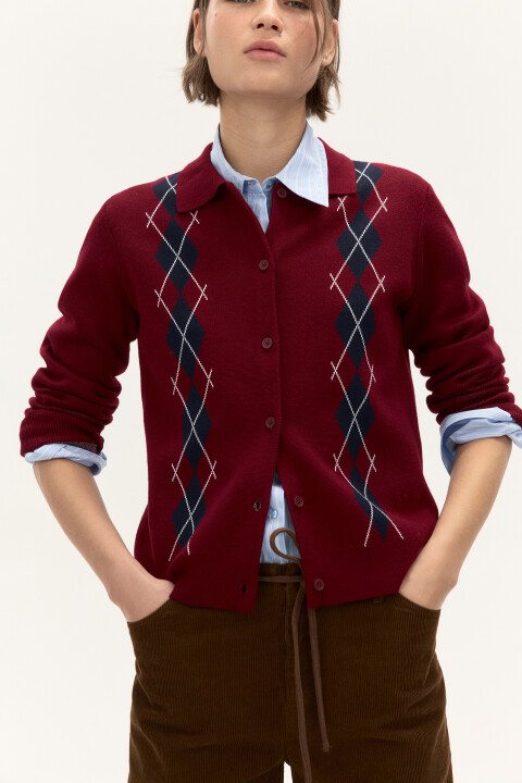 

Кардиган на пуговицах с принтом аргайл, Красный, Кардиган на пуговицах с принтом аргайл