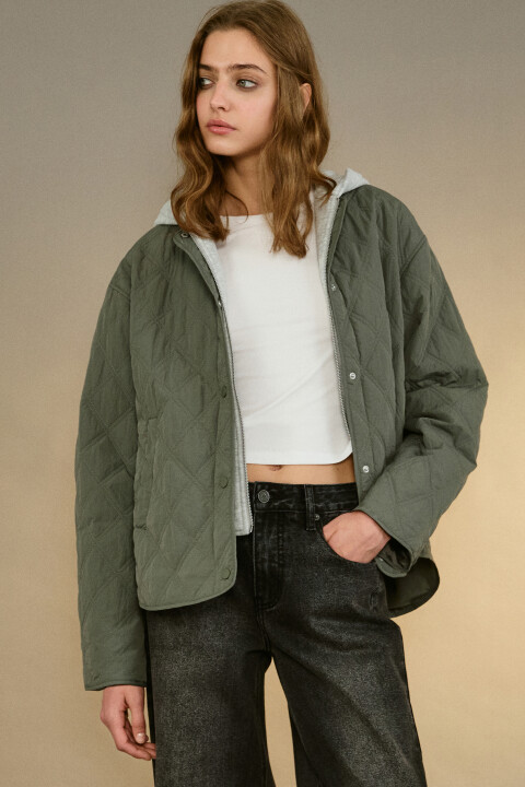 

Куртка стеганая с имитацией худи, Зеленый, Куртка стеганая с имитацией худи