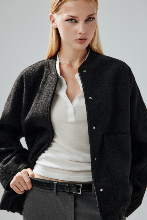 

Куртка-бомбер из драповой ткани, Черный, Куртка-бомбер из драповой ткани