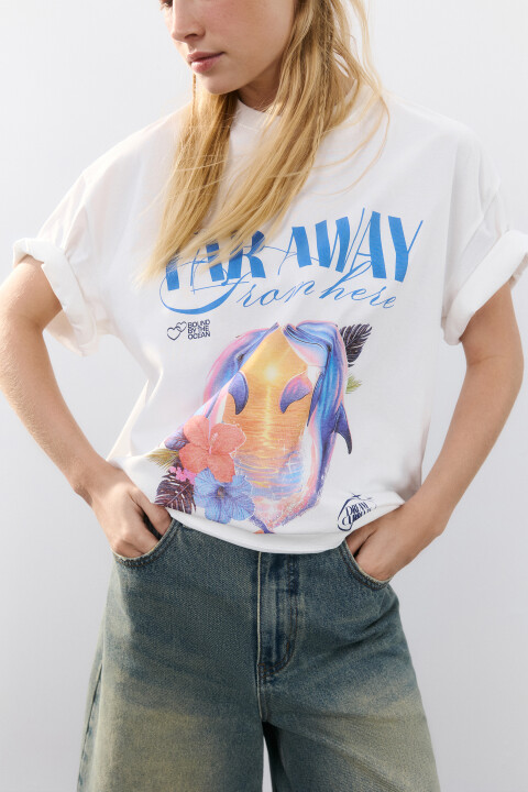 

Футболка oversize хлопковая с принтом, Белый, Футболка oversize хлопковая с принтом