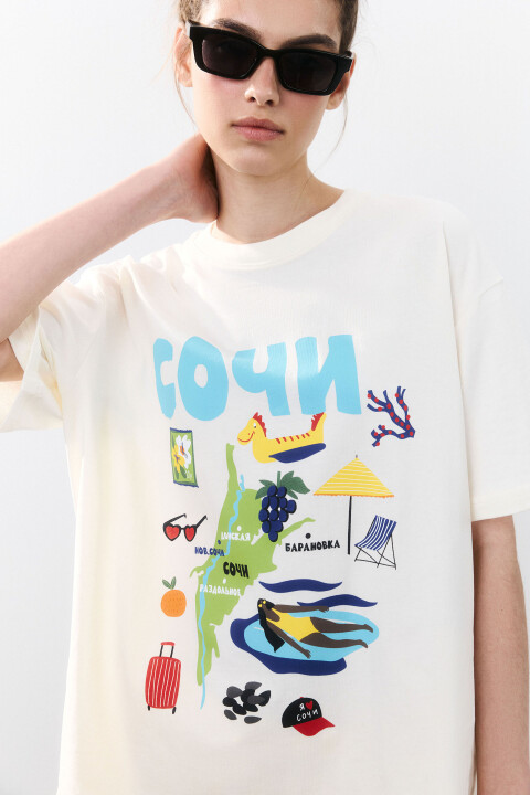 

Футболка хлопковая с принтом, Бежевый, Футболка хлопковая с принтом