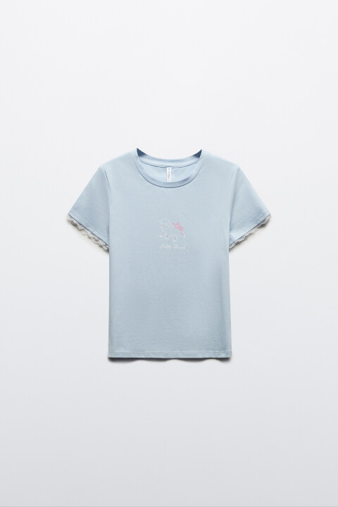 

Футболка с принтом и кружевом, Черный, Футболка с принтом и кружевом