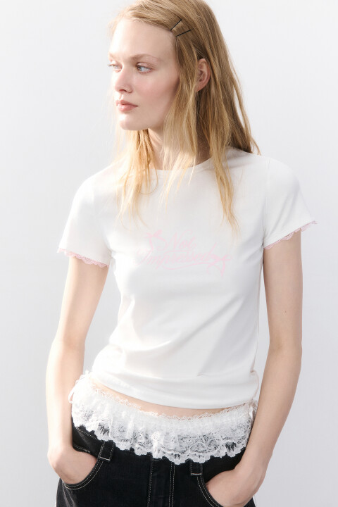 

Футболка с принтом и кружевом, Белый, Футболка с принтом и кружевом