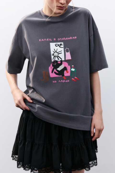 

Футболка свободная с принтом, Серый, Футболка свободная с принтом