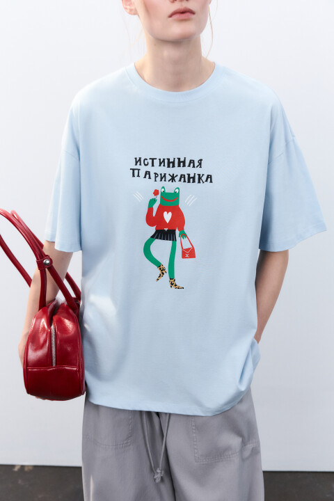 

Футболка свободная с принтом, Голубой, Футболка свободная с принтом