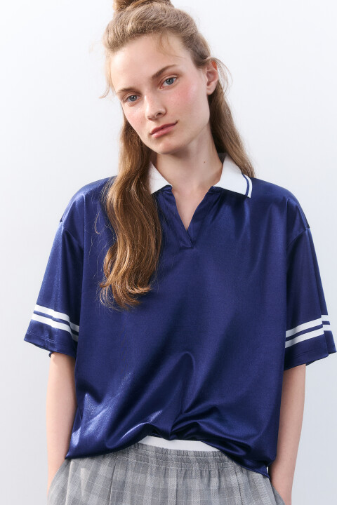 

Футболка-поло oversize атласная, Синий, Футболка-поло oversize атласная