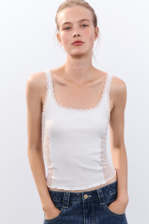 

Майка с кружевом и принтом, Белый, Майка с кружевом и принтом