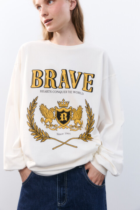 

Лонгслив с университетским принтом, Бежевый, Лонгслив с университетским принтом