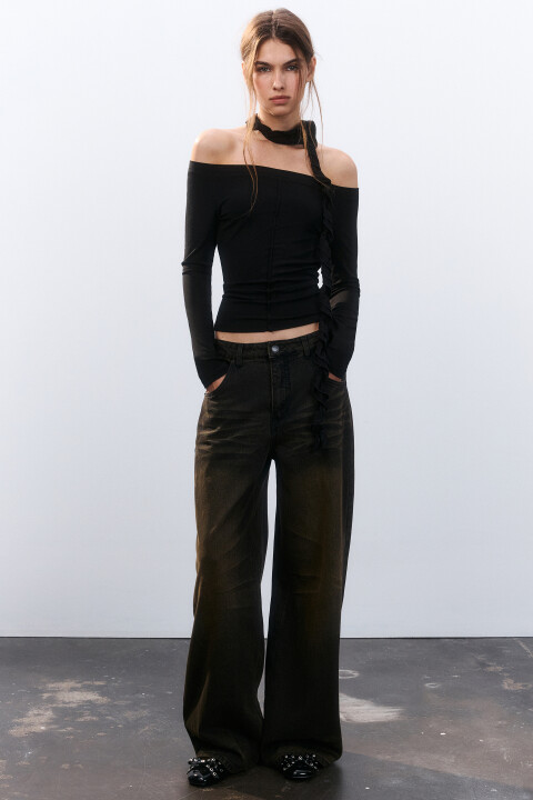 

Лонгслив с открытыми плечами и шарфом, Черный, Лонгслив с открытыми плечами и шарфом