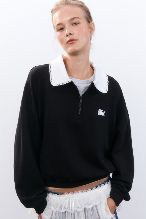 

Свитшот с кружевным воротником, Черный, Свитшот с кружевным воротником