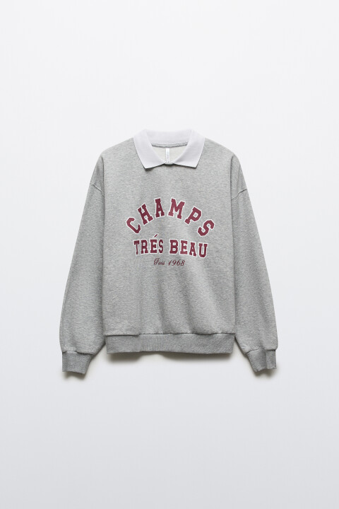 

Свитшот с воротником и принтом, Серый, Свитшот с воротником и принтом