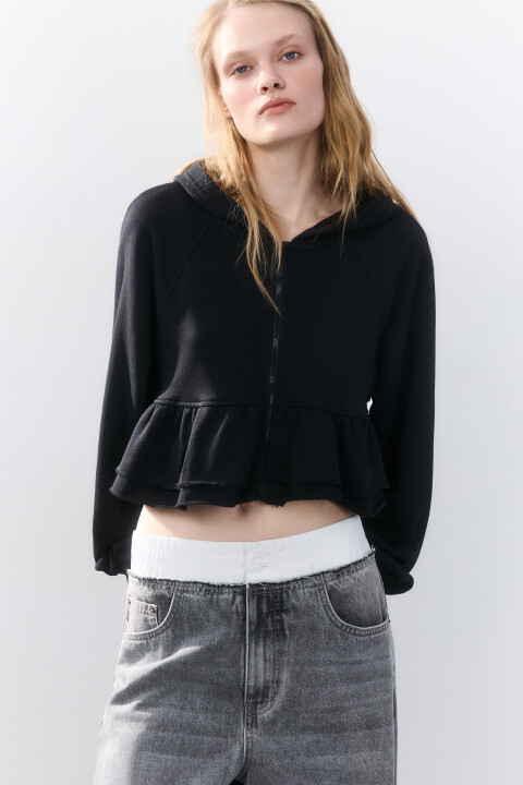 

Худи-зипка укороченная с оборками, Черный, Худи-зипка укороченная с оборками