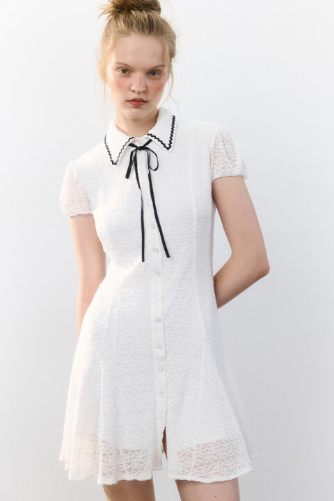 

Платье мини ажурное с воротником, Молочный, Платье мини ажурное с воротником