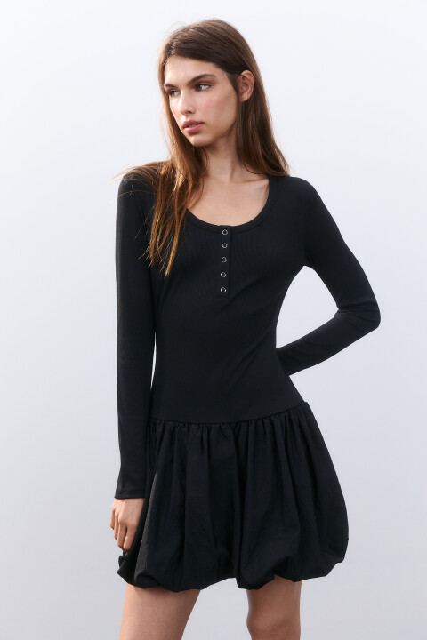 

Платье в рубчик с юбкой-баллон, Черный, Платье в рубчик с юбкой-баллон