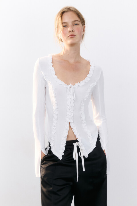 

Блузка на завязках с оборками, Белый, Блузка на завязках с оборками