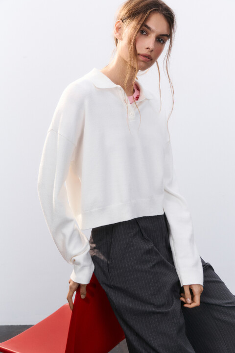 

Джемпер-поло из вязаного трикотажа, Молочный, Джемпер-поло из вязаного трикотажа