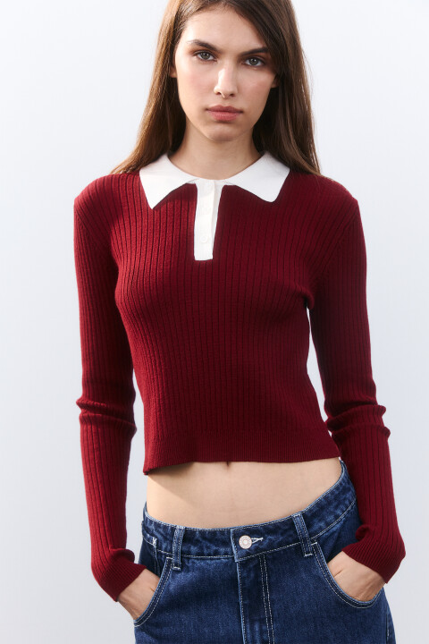 

Джемпер-поло облегающий из вискозы, Бордовый, Джемпер-поло облегающий из вискозы