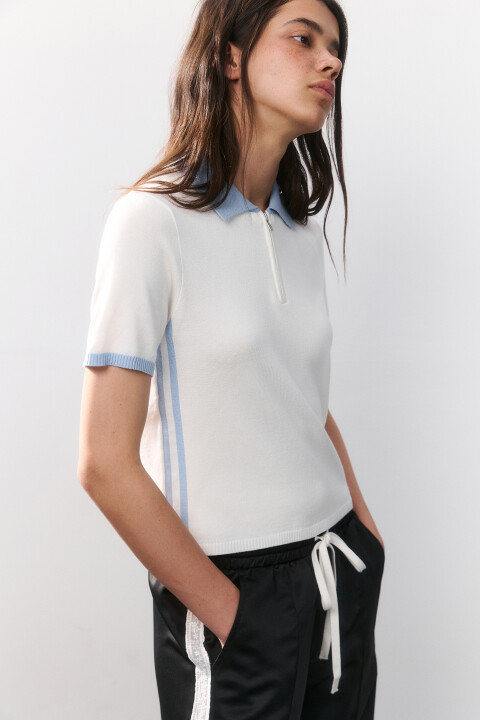 

Футболка-поло вязаная с молнией, Молочный, Футболка-поло вязаная с молнией