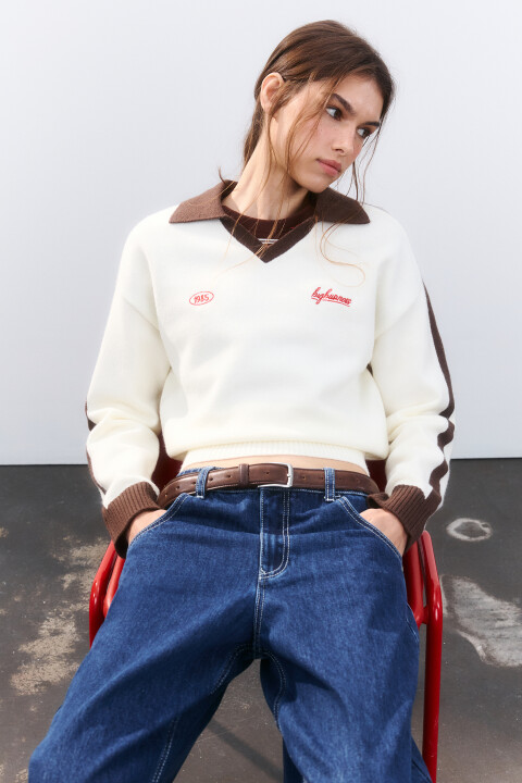 

Джемпер-поло вязаный с вышивкой, Молочный, Джемпер-поло вязаный с вышивкой