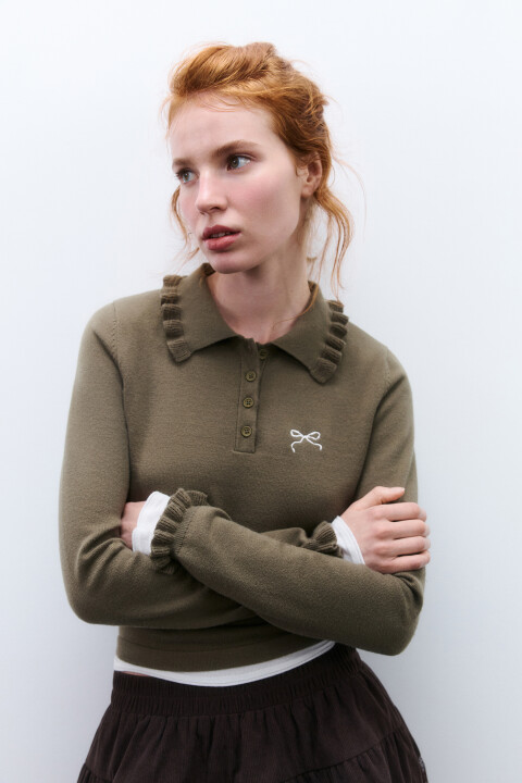 

Джемпер-поло с вышивкой и оборками, Зеленый, Джемпер-поло с вышивкой и оборками