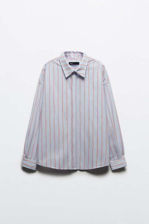 

Рубашка oversize в полоску с нашивкой, Голубой, Рубашка oversize в полоску с нашивкой