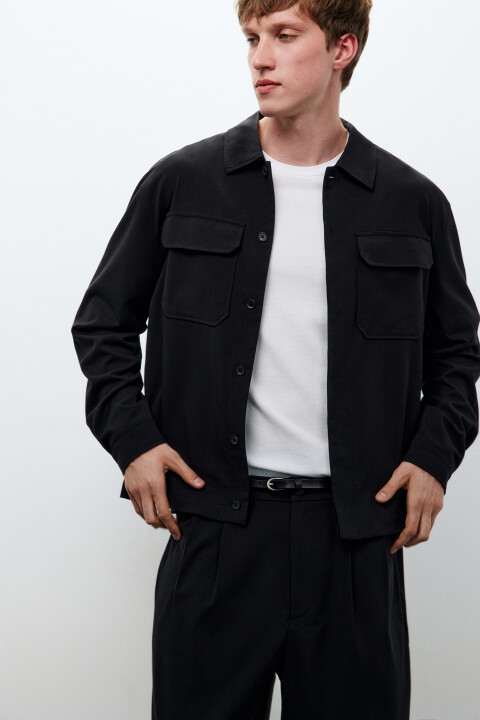 

Рубашка-овершот с накладными карманами, Черный, Рубашка-овершот с накладными карманами