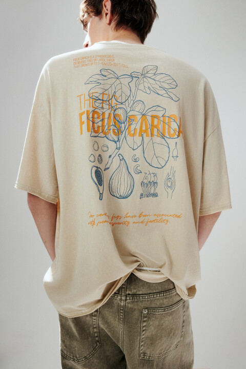 

Футболка с принтом и открытыми срезами, Бежевый, Футболка с принтом и открытыми срезами