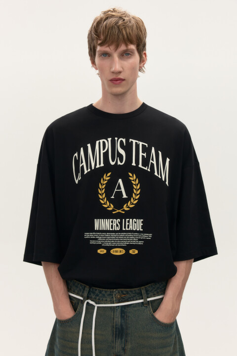 

Футболка boxy fit с принтом, Черный, Футболка boxy fit с принтом