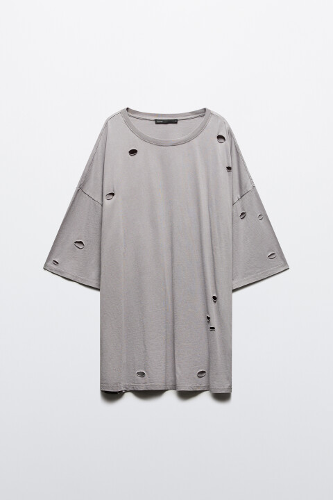 

Футболка oversize с рваными элементами, Коричневый, Футболка oversize с рваными элементами