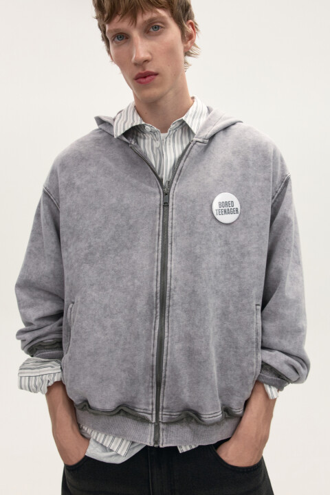 

Худи-зипка oversize с вареным эффектом, Серый, Худи-зипка oversize с вареным эффектом