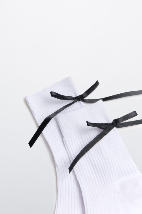 

Носки в рубчик с атласным бантом, Белый, Носки в рубчик с атласным бантом