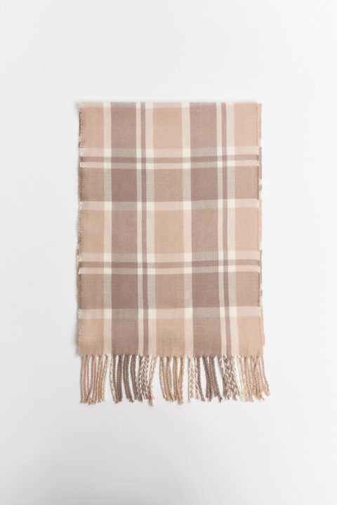 

Шарф в клетку с бахромой, Бежевый, Шарф в клетку с бахромой