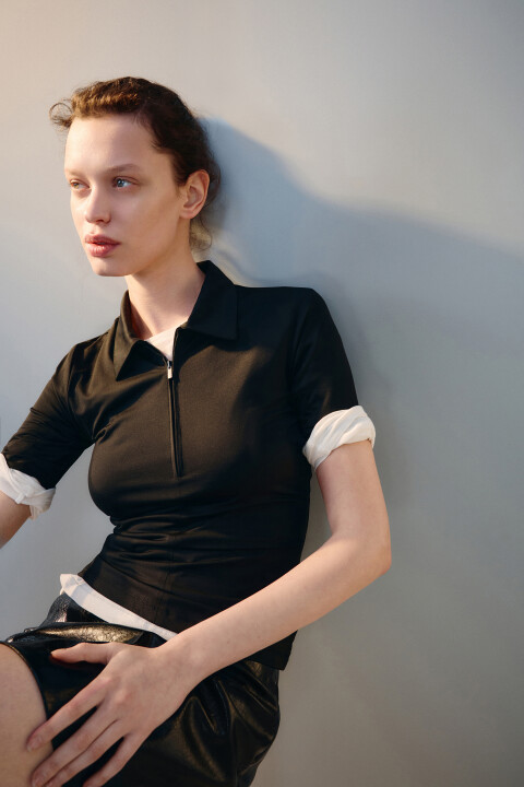 

Топ-поло с воротником на молнии, Черный, Топ-поло с воротником на молнии