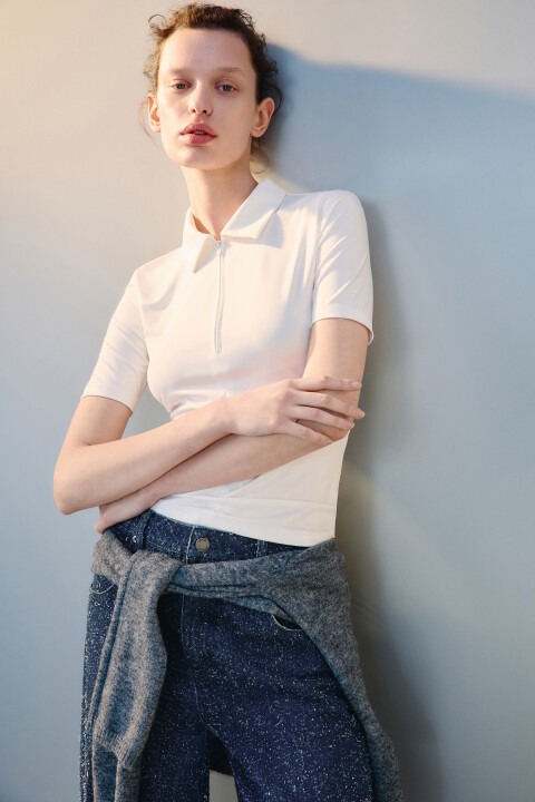 

Топ-поло с воротником на молнии, Бежевый, Топ-поло с воротником на молнии