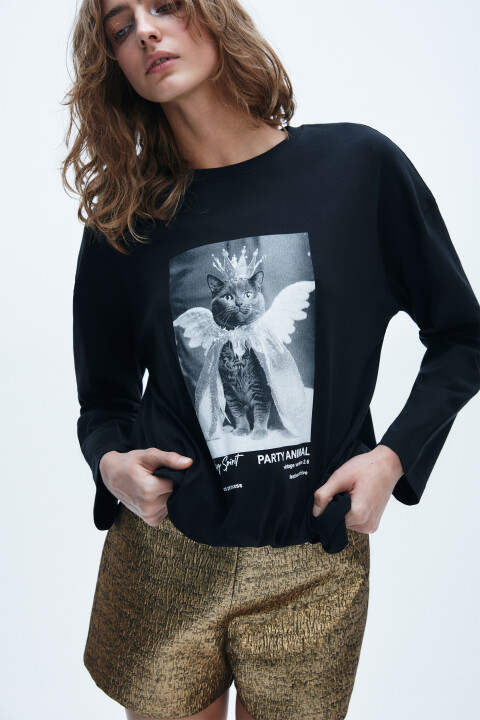 

Лонгслив хлопковый с принтом, Черный, Лонгслив хлопковый с принтом