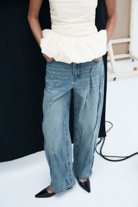 

Джинсы baggy fit со складками и стразами, Голубой, Джинсы baggy fit со складками и стразами