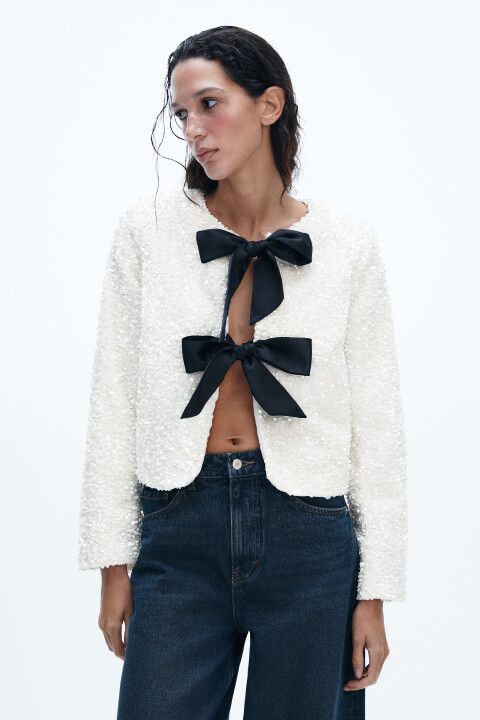 

Жакет на завязках с пайетками, Молочный, Жакет на завязках с пайетками