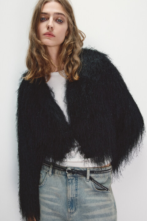 

Жакет на крючках пушистый с бахромой, Черный, Жакет на крючках пушистый с бахромой