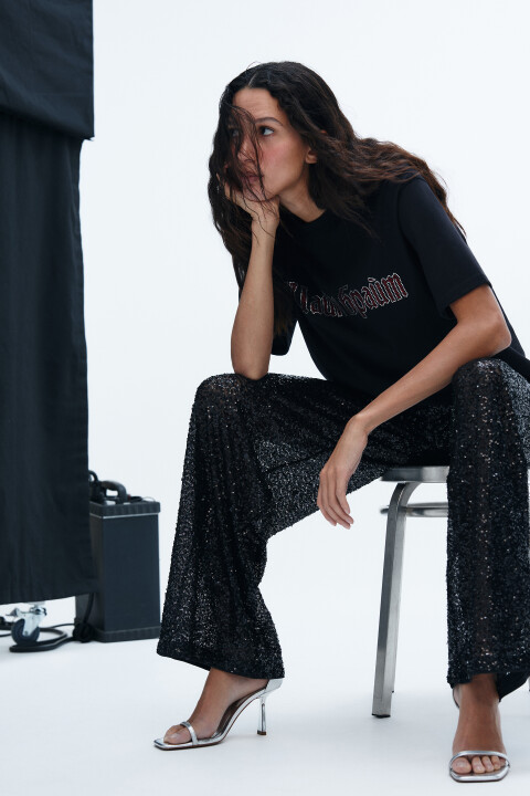 

Брюки широкие с декором из пайеток, Черный, Брюки широкие с декором из пайеток