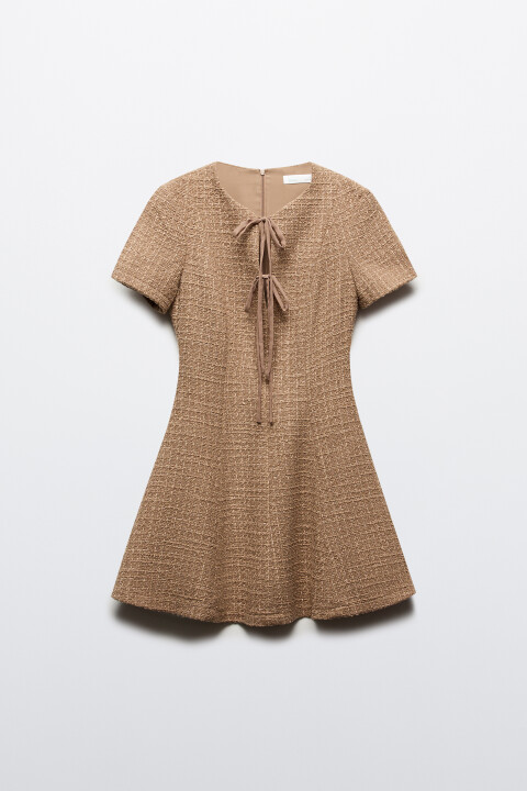 

Платье мини твидовое с завязками, Коричневый, Платье мини твидовое с завязками